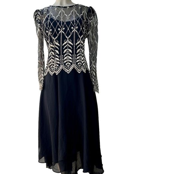 Cachet by Bari Protas Vintage Size Small Black Maxi Dress Lovely Gold Embroidery - Picture 11 of 13